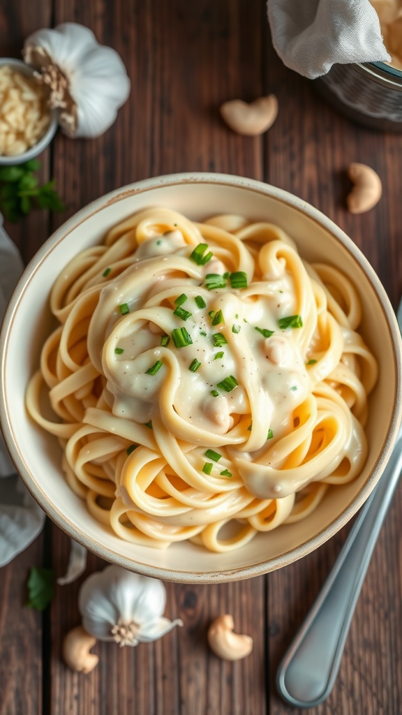 A bowl of vegan garlic alfredo pasta sprinkled with parsley on a rustic table.